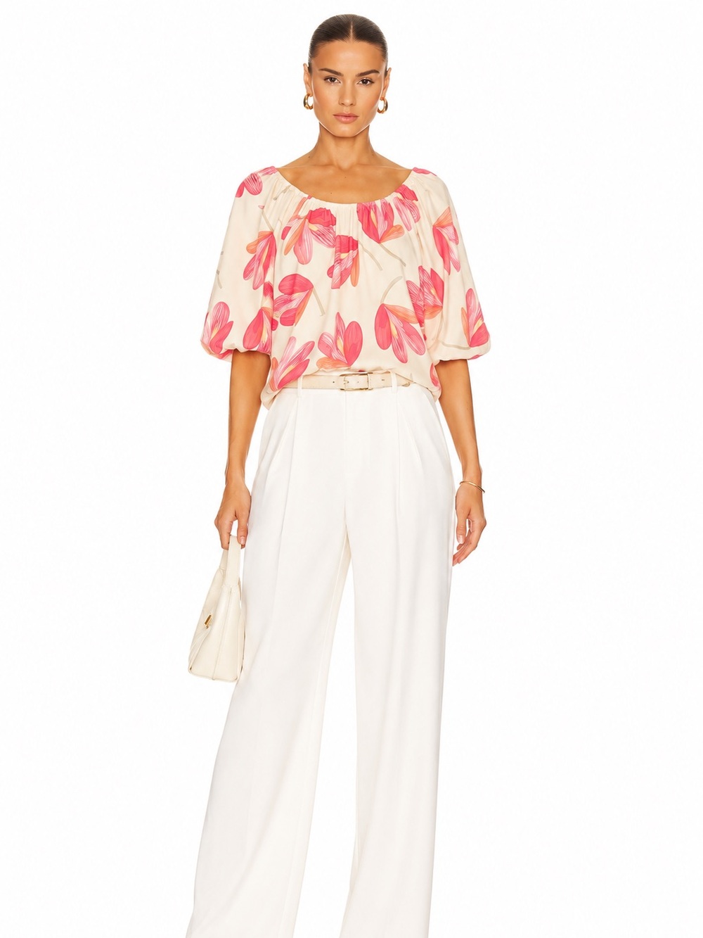 Floral Scoop-Neck Short Sleeve Tee in Cream & Pink